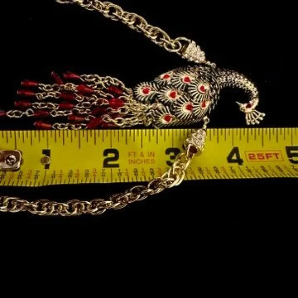 Vintage Red Lotus Peacock Statement Necklace Gold Tone Red Tassel Rhinestone